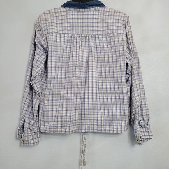 Vintage Casey & Max Blue Plaid Shirt Embroidered Flowers Denim Collar Linen LG - Picture 3 of 8